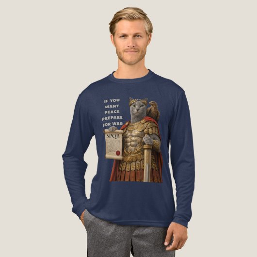 ロシアンブルーのカエサル猫 トライブレンドTシャツ (正面全体)