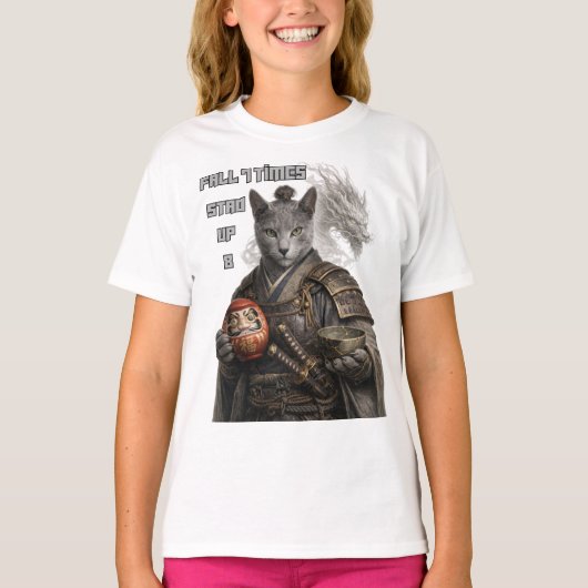 ロシアンブルーのサムライキャット Tシャツ (正面)