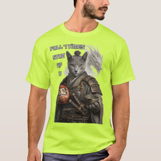 ロシアンブルーのサムライ猫 Tシャツ (正面)