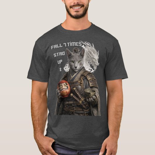 ロシアンブルーのサムライ猫 Tシャツ (正面)