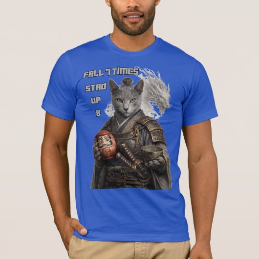 ロシアンブルーのサムライ猫 Tシャツ (正面)