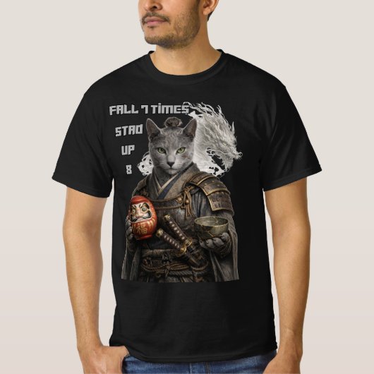 ロシアンブルーのサムライ猫 Tシャツ (正面)