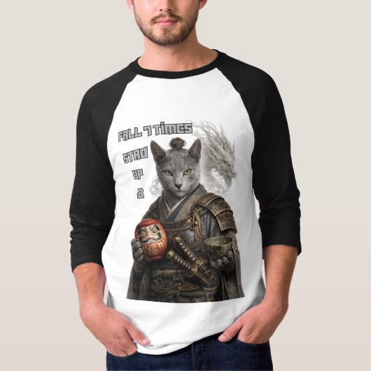 ロシアンブルーのサムライ猫 Tシャツ (正面)