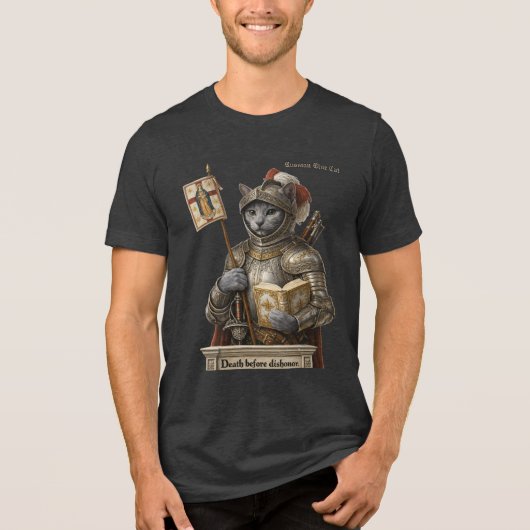 ロシアンブルーの征服者猫 - 名誉と伝統 トライブレンドTシャツ (正面)