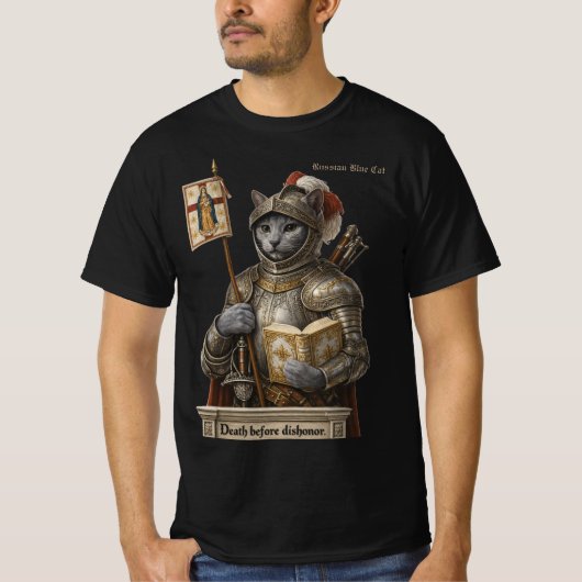 ロシアンブルーの征服者猫 - 名誉と伝統 Tシャツ (正面)