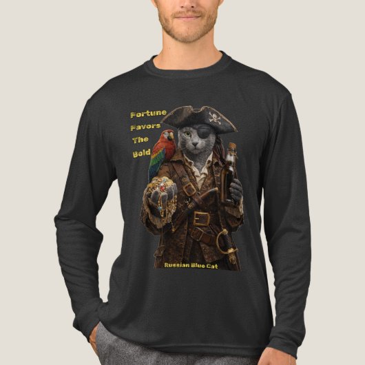 ロシアンブルーの海賊猫 - 勇者に幸運が訪れる トライブレンドTシャツ (正面)