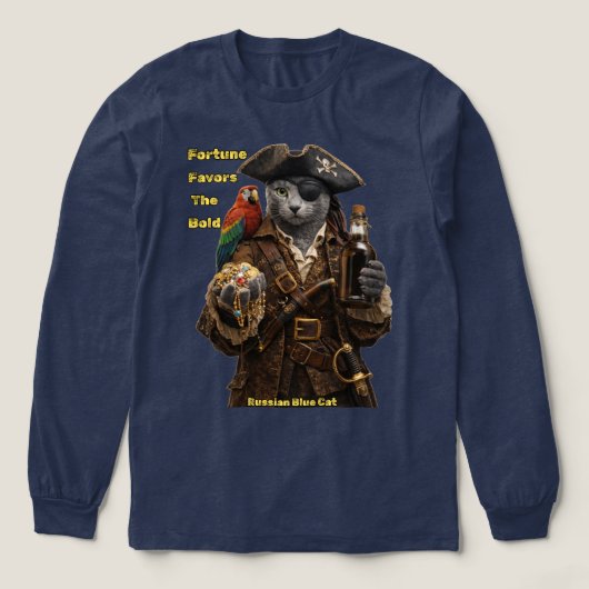 ロシアンブルーの海賊猫 - 勇者に幸運が訪れる トライブレンドTシャツ (デザイン正面)