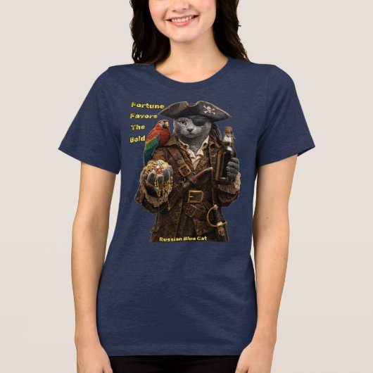 ロシアンブルーの海賊猫 - 勇者に幸運が訪れる トライブレンドTシャツ (正面)