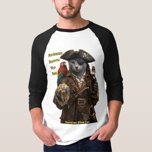 ロシアンブルーの海賊猫 - 勇者に幸運が訪れる Tシャツ (正面)