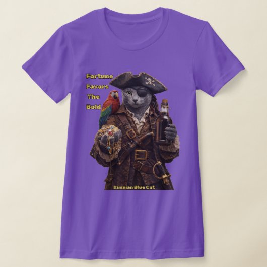 ロシアンブルーの海賊猫 - 勇者に幸運が訪れる Tシャツ (レイダウン)