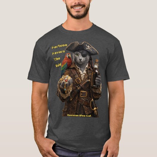 ロシアンブルーの海賊猫 - 勇者に幸運が訪れる Tシャツ (正面)