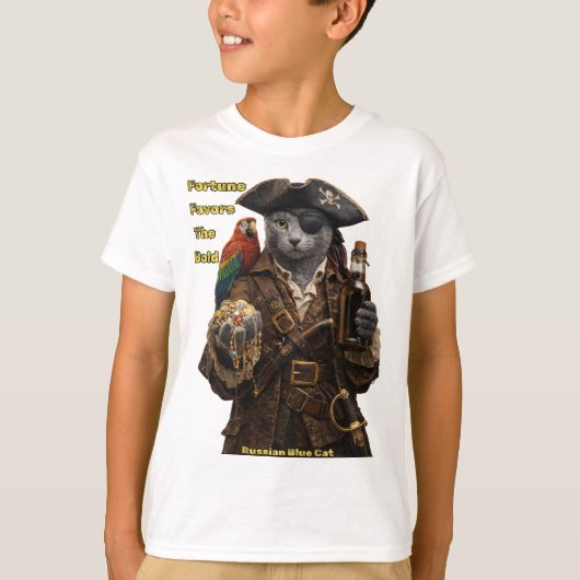 ロシアンブルーの海賊猫 - 勇者に幸運が訪れる Tシャツ (正面)