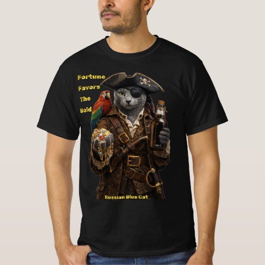 ロシアンブルーの海賊猫 - 勇者に幸運が訪れる Tシャツ (正面)