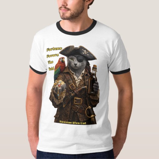 ロシアンブルーの海賊猫 - 勇者に幸運が訪れる Tシャツ (正面)