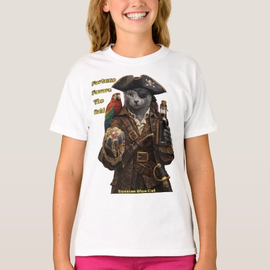 ロシアンブルーの海賊猫 - 幸運は勇者に微笑む Tシャツ (正面)