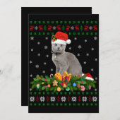 ロシアンブルーの猫がサンタ帽を被った動物愛好家のクリスマスデザイン 招待状 (正面/裏面)