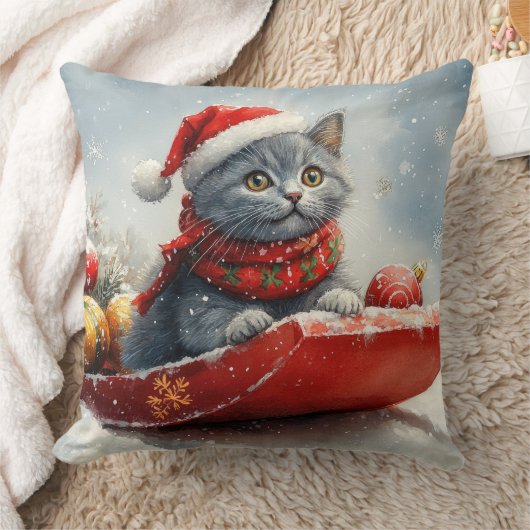 ロシアンブルーの猫が乗ったそり レット・イット・スノー クリスマス クッション (ブランケット)