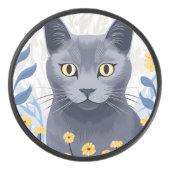 ロシアンブルーの猫と黄色い花 アイスホッケーパック (正面)