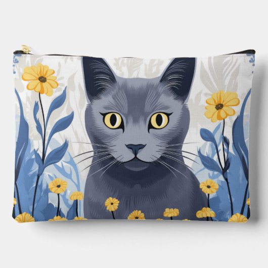 ロシアンブルーの猫と黄色い花 アクセサリーポーチ (正面)