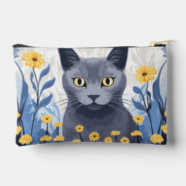 ロシアンブルーの猫と黄色い花 アクセサリーポーチ