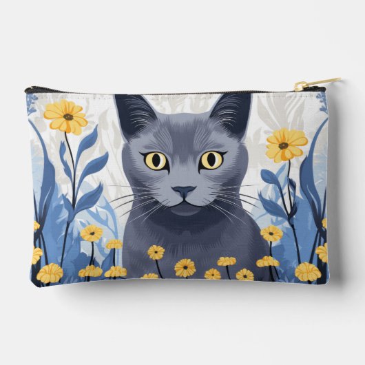 ロシアンブルーの猫と黄色い花 アクセサリーポーチ (裏面)