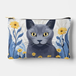 ロシアンブルーの猫と黄色い花 アクセサリーポーチ