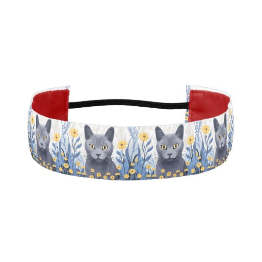 ロシアンブルーの猫と黄色い花 アスレチックヘッドバンド (正面)