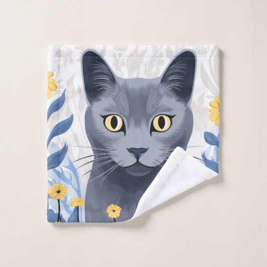 ロシアンブルーの猫と黄色い花 ウォッシュタオル (ウォッシュタオル)