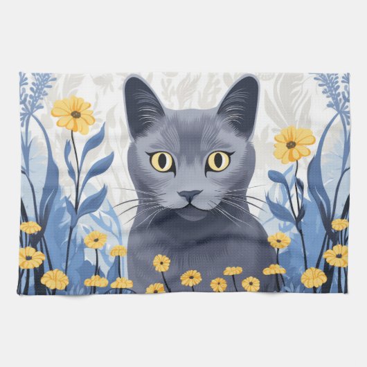 ロシアンブルーの猫と黄色い花 キッチンタオル (横)