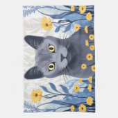 ロシアンブルーの猫と黄色い花 キッチンタオル (縦)