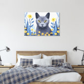 ロシアンブルーの猫と黄色い花 キャンバスプリント (インサイチュ (寝室))