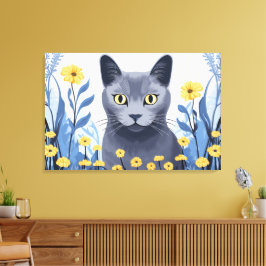 ロシアンブルーの猫と黄色い花 キャンバスプリント
