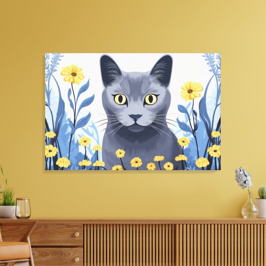 ロシアンブルーの猫と黄色い花 キャンバスプリント (インサイチュ (リビング))