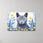 ロシアンブルーの猫と黄色い花 キャンバスプリント (正面)