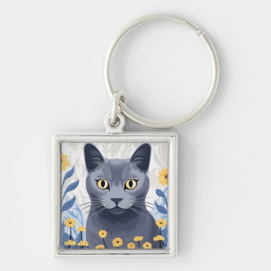 ロシアンブルーの猫と黄色い花 キーホルダー (正面)