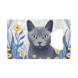 ロシアンブルーの猫と黄色い花 クレジットカード栓抜き