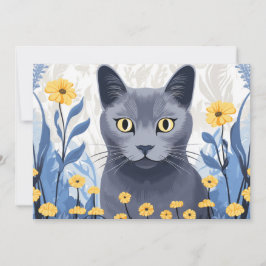 ロシアンブルーの猫と黄色い花 シーズンカード