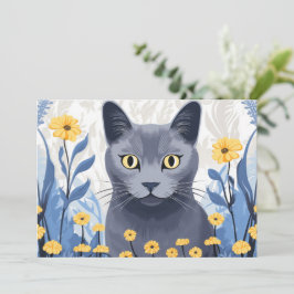 ロシアンブルーの猫と黄色い花 シーズンカード