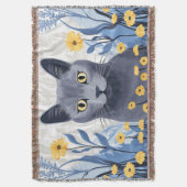 ロシアンブルーの猫と黄色い花 スローブランケット (正面縦)