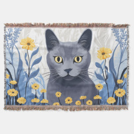 ロシアンブルーの猫と黄色い花 スローブランケット