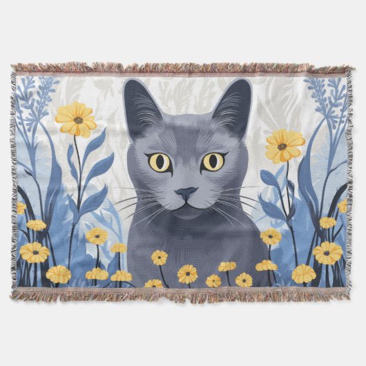 ロシアンブルーの猫と黄色い花 スローブランケット (正面)