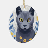 ロシアンブルーの猫と黄色い花 セラミックオーナメント (右)
