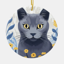 ロシアンブルーの猫と黄色い花 セラミックオーナメント