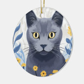 ロシアンブルーの猫と黄色い花 セラミックオーナメント (左)