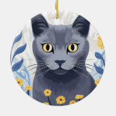 ロシアンブルーの猫と黄色い花 セラミックオーナメント (裏面)