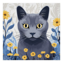 ロシアンブルーの猫と黄色い花