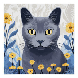 ロシアンブルーの猫と黄色い花 ポスター