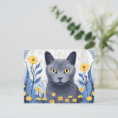 ロシアンブルーの猫と黄色い花 ポストカード (スタンド正面)