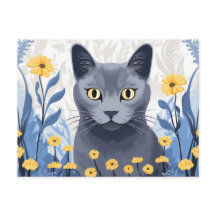ロシアンブルーの猫と黄色い花