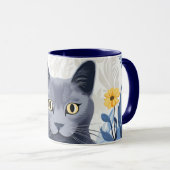 ロシアンブルーの猫と黄色い花 マグカップ (正面右)